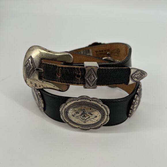 Vintage 90s Justin Concho Belt Leather Black Navajo Western Buckle Size 26 - Picture 1 of 10